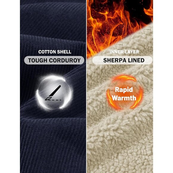 Mens Navy Corduroy Jacket Sherpa Lined Warm Winter Trucker Cargo Coat - Picture 5 of 7